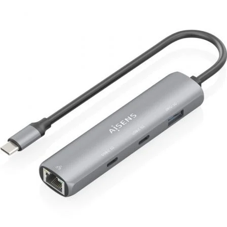 AISENS Dock USB-C a Ethernet Gigabit + Hub 2xUSB-C + 1xUSB-A, Gris, 15cm